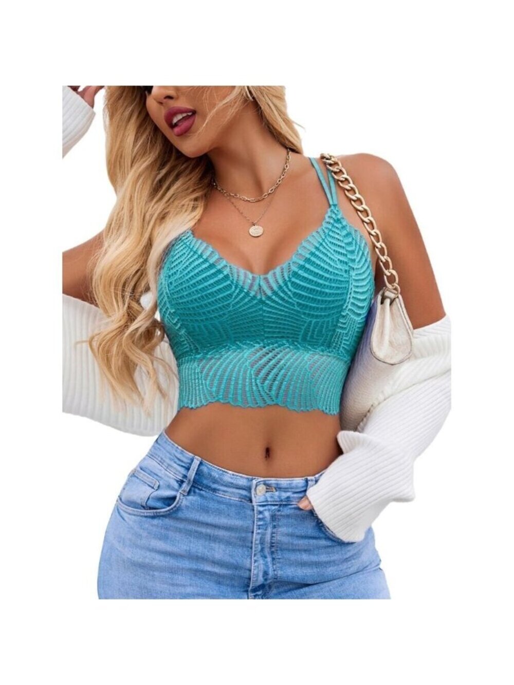 Women's Apple Green Lace Camisoles Double-layered V-neck Sexy Bralettes Crop Top